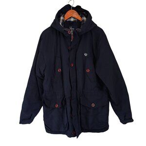 Fred Perry Mens Navy Hooded Parka Jacket With Plaid Lining & Button Details Size